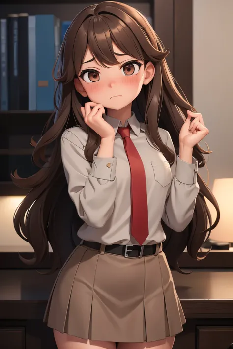 Girl, medium length, brown wavy hair, gray eyes, red tie, brown skirt, very embarrassed, blushing face