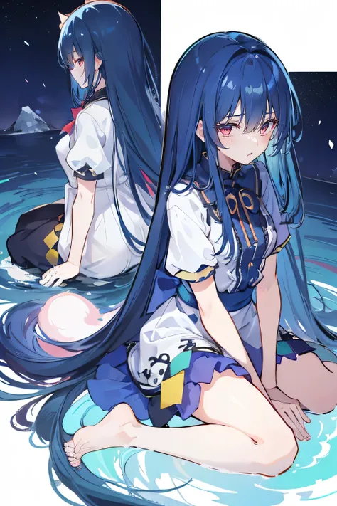 （masterpiece：1.2），Super detailed，lifelike，Expressive eyes，fair skin，perfect face shape，1 girl，
Japanese comics,Gorgeous blue hair,flowing blue hair,flowing clothes,Petals fall,beautiful lola,Baby Angel,
Shaking head with one hand，Cross your legs，Gentle and...