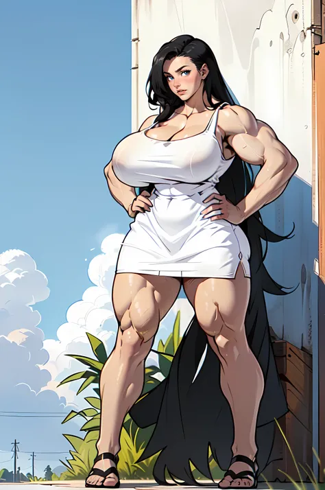 (Full Body) ((Tall)) (Wide hips:1.6) (Narrow waist:1.6) ((Long Legs:1.5)) (Massive Female Bodybuilder:1.8) (huge breasts:2) thick sunny sky clouds black hair yellow eyes (white sundress:1.7) black hair yellow eyes pale skin solo joyful long straight hair 