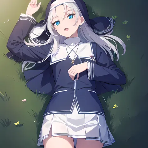 mariatakayama, maria takayama, long hair, blue eyes, fang, aqua eyes,
BREAK jewelry, heart, necklace, nun, habit, white short skirt
BREAK outdoors, lying on the ground, sleeping, closed eyes, open mouth
BREAK sleeping in front of viewer (cowboy shot:1.5),
...