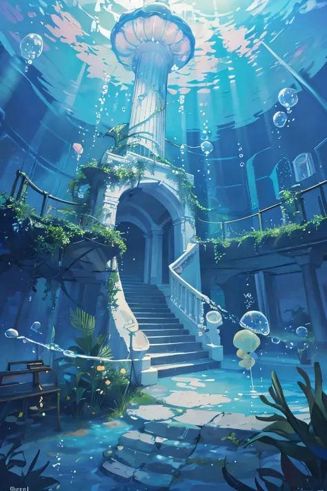 (caustics, masterpiece, best quality, high quality, ultra detailed, no humans), sunlight, (jellyfish:1.2), scenery, fish, bubble, blue theme, light rays, stairs, (underwater:1.5), (air bubble:1.4), ruins, pillar, water, sunlight, scenery, bubble, light ray...