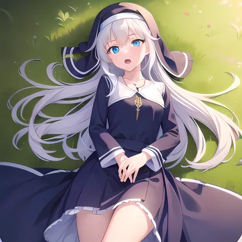 mariatakayama, maria takayama, long hair, blue eyes, fang, aqua eyes,
BREAK jewelry, heart, necklace, nun, habit, white short skirt
BREAK outdoors, lying on the ground, sleeping, closed eyes, open mouth
BREAK sleeping in front of viewer (cowboy shot:1.5),
...