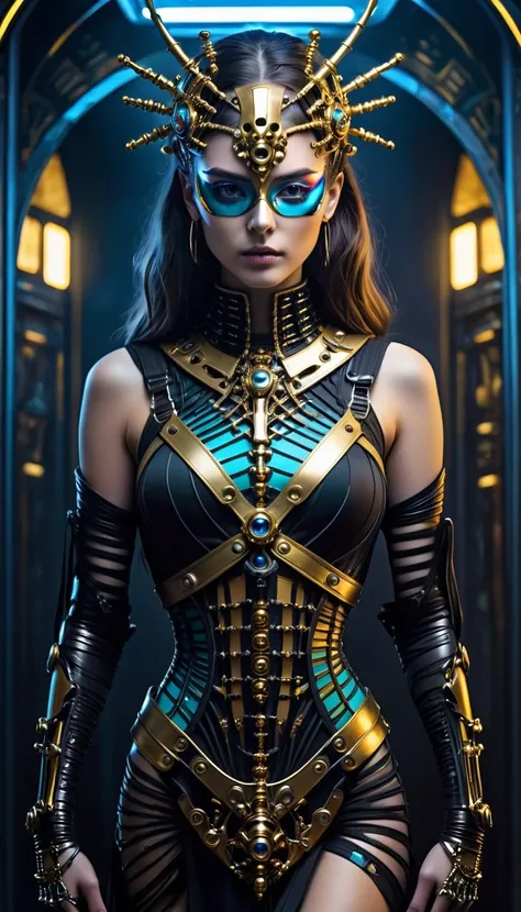 tarot card, chiaroscuro technique on sensual illustration of an queen of sword, a teenage fashion model wearing an exo-skeleton mask, vibrant colors, futuristic cyberpunk style, intricate details, cinematic lighting, dramatic pose, an elegant complex bio m...