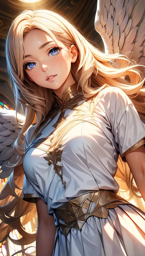 ((Beautiful angel:1.2, Angel Wings:1.2)), Beautiful appearance, Curvaceous woman, Long Hair, Shiny Hair, Beautiful Skin, Eye details, Eyes that hold light, Detailed face and eyes, Glossy Lips, Glorious Spirit, White sheer outfit, god々Wearing a bright light...