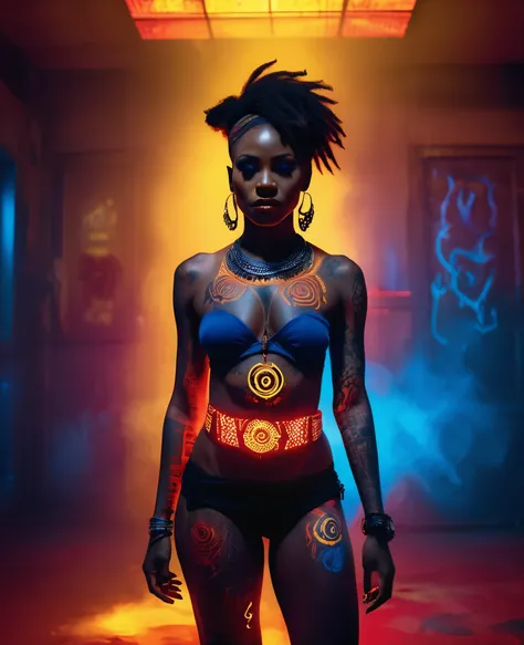 Black woman dressed in African designed clothes with neon lit glowing red and blue tattoos, standing in an empty place with tattoos lighting the scene, a yellow fog atmosphere in the scene, dim lit scene with only the tattoos shining in the scene, providin...