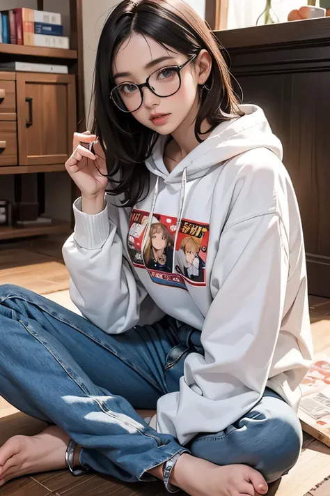 there is a woman sitting cross-legged on the floor...., wearing glasses, wearing glasses on, japanese model, wearing glassesいた, ...