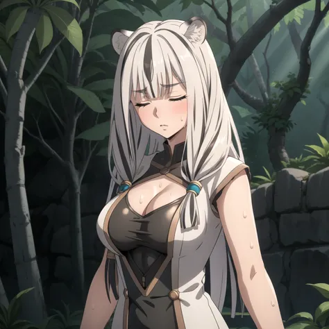 Atlas Fayon woman 40 years, white hair with black stripes ,white tiger ears, closed eyes, mujer ciega con closed eyes, spore costume, low cut black leather tops, leather shorts,  explorer, big breasts,, background some mayan ruins in the middle of the jung...
