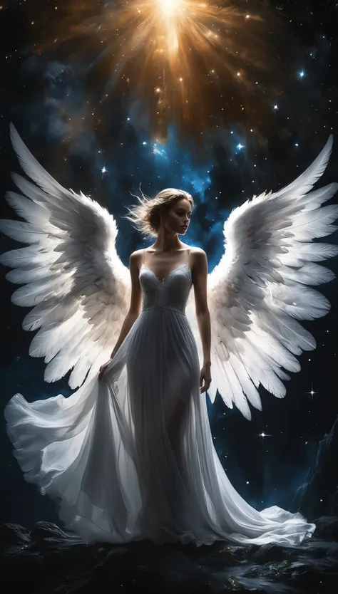 a beautiful angel with large wings, full body, mystical fairy tale, deep space sky, black and white, jeremy mann style, louis ic...