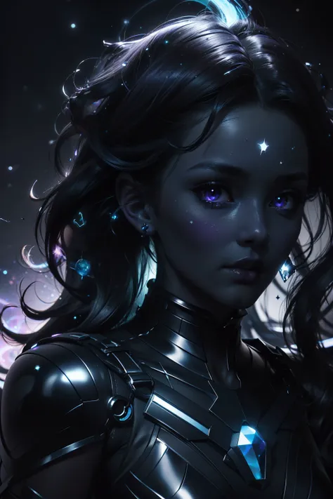 ((This is a dark masterpiece with deep shadows.)) Generate a dark feminine divine being with ((pure black Galaxy skin)). of her face is onyx black but still detailed and stunning. (of her face is important and has realistic shading and puffy lips). of her ...