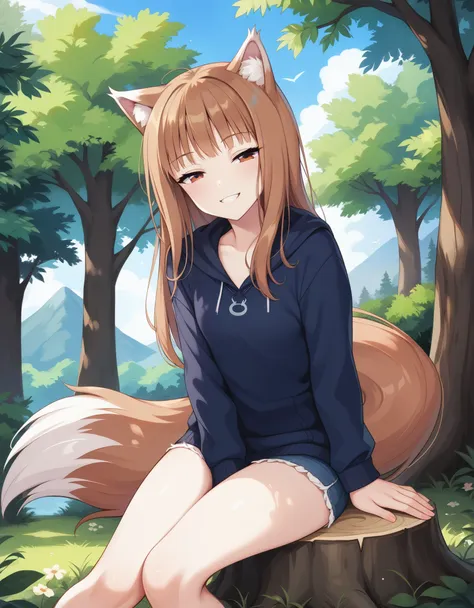 source_safe, 1girl, holo, animal ears, brown hair, long hair, red eyes, wolf ears, wolf girl, small breasts, wolf tail, spice an...