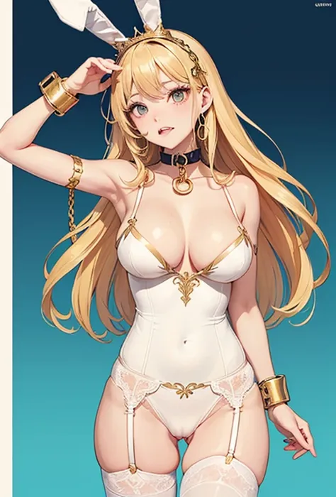 (Super detailed、Ultra-high resolution、Detailed Background)、((Flat Color))、((colorful))、Multicolored lighting、((浮かぶcolorfulな水))、Blue background、
Bound Queen、Random Pause、(Golden chains on body、Golden chain collar、handcuffs)、Random Sexy Poses
(Long Hair、Blon...