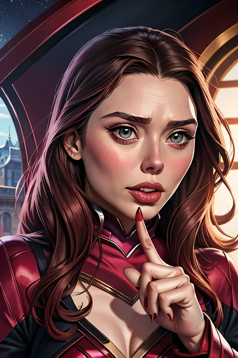 ((highest quality)), ((masterpiece)), (familiar), ((elizabeth olsen)), ((scarlet witch)), perfect face、detailed、(accurate hand a...