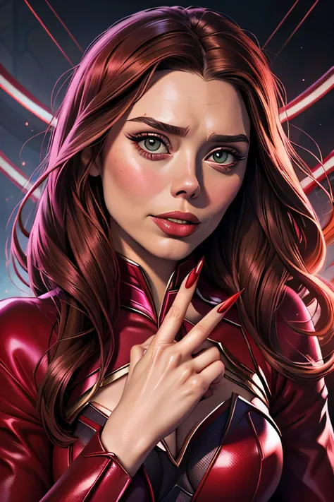 ((highest quality)), ((masterpiece)), (familiar), ((elizabeth olsen)), ((scarlet witch)), perfect face、detailed、(accurate hand a...