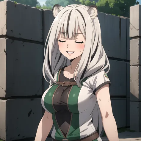 Atlas Fayon woman 40 years, white hair with black stripes ,white tiger ears, closed eyes, mujer ciega con closed eyes, disfraz de explorer, green low cut leather tops, leather shorts,  explorer, big breasts,, background some mayan ruins. sweat on the body,...
