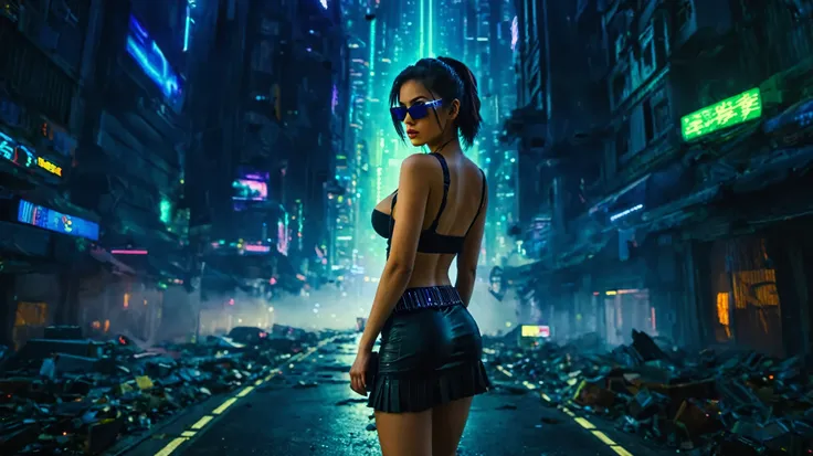 dark futuristic landscape, at night, neon lights, Atmospheric fog, large buildings in the background, futuristic city, busy streets with open shops, Ruined buildings, skyscraper (postapocalyptic city:1.3). at night, (((Matrix style cascading code))), (1wom...