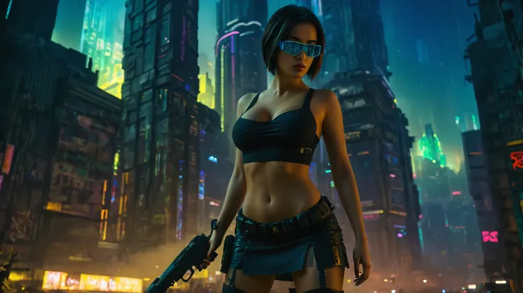 dark futuristic landscape, at night, neon lights, Atmospheric fog, large buildings in the background, futuristic city, busy streets with open shops, Ruined buildings, skyscraper (postapocalyptic city:1.3). at night, (((Matrix style cascading code))), (1wom...