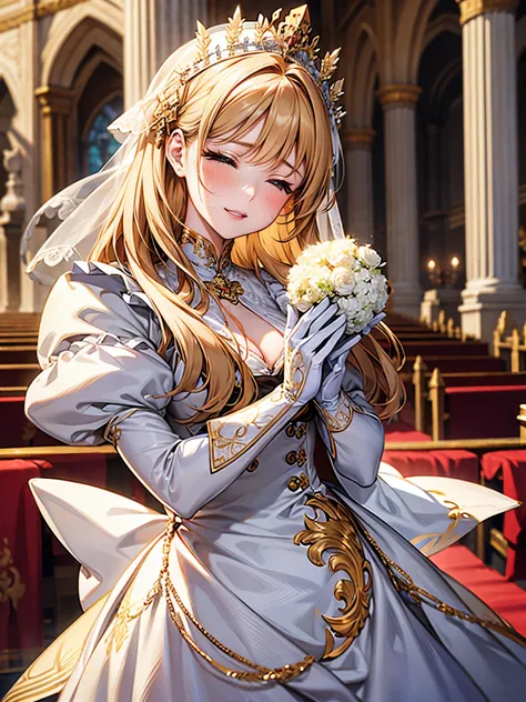 in front of the altar of a majestic church、（blurred background）、brighter light、golden long hair girl、classic white wedding dress...