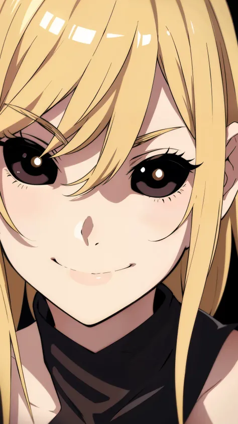 1girl,portrait,solo,close up,blonde,black sclera,black eyes,smile,closed mouth