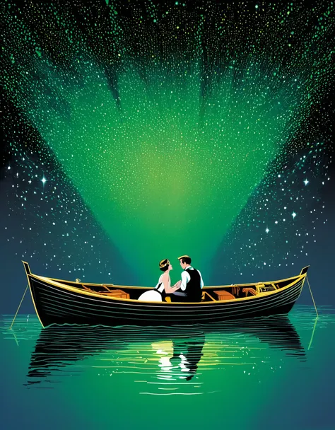 Create an image that encapsulates the themes and emotions of "The Great Gatsby" by F. Scott Fitzgerald, combining the following famous lines from the novel:

"So we beat on, boats against the current, borne back ceaselessly into the past."
"Gatsby believed...