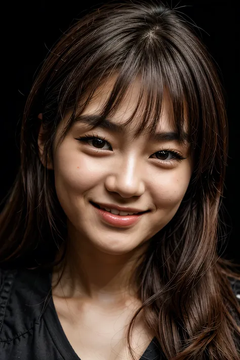 face perfect, beautiful face of a 14 year old Korean girl , Smiling beautiful, with black background 