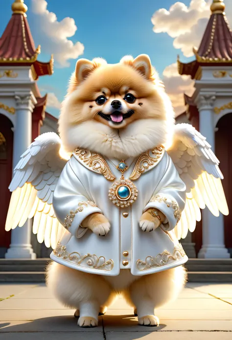 photorealistic portrait of Dressed animals-a ((fat)) ((Pomeranian)) angel,(furry:1.5), (elegant pose:1.5), (hands on hips:1.5),(smile:1.5),high quality,(angel wings),(lovely) ,intricate details, Wearing angel clothes , (angels ring above head), highly deta...