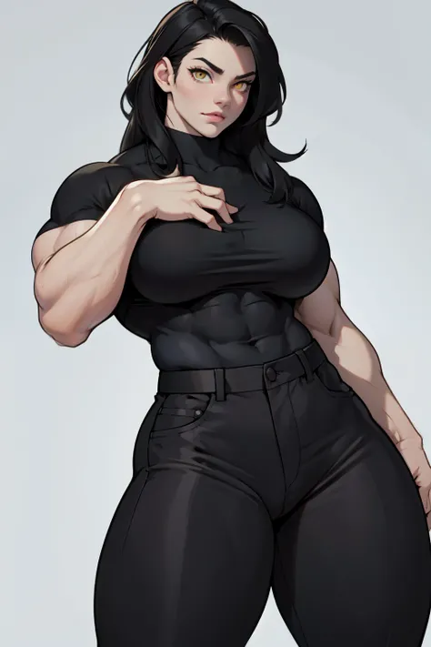 (1girl) pale skin huge breasts muscular toned bodythick thighs black hair yellow eyes (tight shirt and pants long hair grey background) bodybuilder