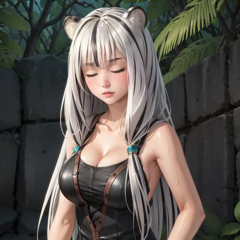 Atlas Fayon woman 40 years, white hair with black stripes ,white tiger ears, closed eyes, mujer ciega con closed eyes, spore costume, low cut black leather tops, leather shorts,  explorer, big breasts,, background some mayan ruins in the middle of the jung...