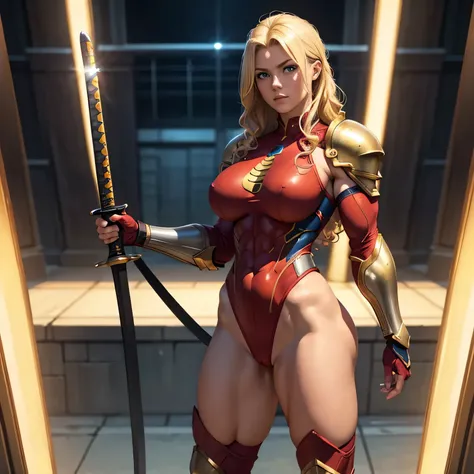 masterpiece, best quality, agrias, a woman, solo, wearing red leotard, standing, blonde hair, high leg, mid curly hair , muscular , detailed face, muscular detailed face, age 22,superhero, big breast, blue eyes, Katana on hand, smaurai light armor, full bo...