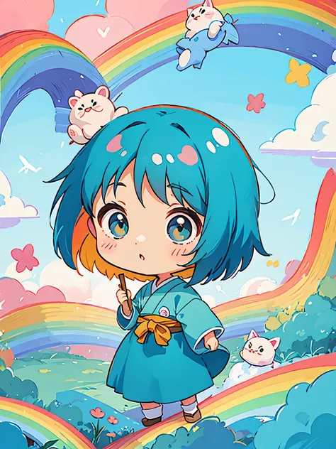 Hayao Miyazaki style、Kawaii Design, The most beautiful girl of all time、chibi, rainbow out of hand