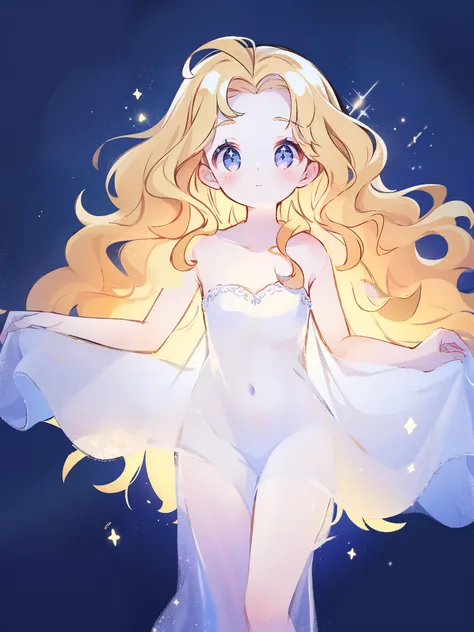 angel girl wearing an ethereal translucent dress, pale skin, ((sparkling wavy hair)), perfect composition, highly detailed, ethereal, (starry night sky background), midjourney style