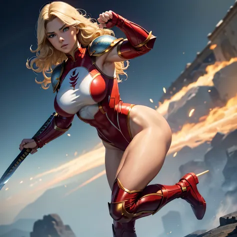 masterpiece, best quality, agrias, a woman, solo, wearing red and white leotard, standing, blonde hair, high leg, mid curly hair , muscular , detailed face, muscular detailed face, age 22,superhero, big breast, blue eyes, Katana on hand, smaurai light armo...