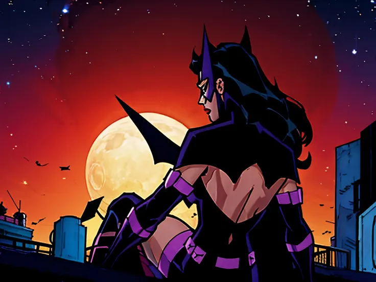 huntress from dc comics, backside view, attacking, night time, night sky background