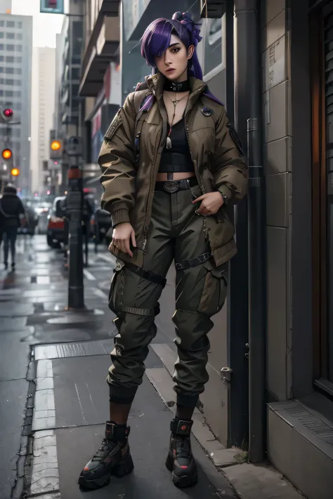 shez ,female, detailed face, pretty face cyberpunk, wearing thick high collared coat, cargo pants, hair over one eye, choker