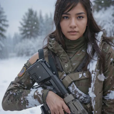 very beautiful female soldier, Native American characteristics, tan skin, brown eyes, black hair, long hair Military uniform, sleeveless, toptank, camouflage, bulletproof vest, Belt with ammunition, Her arms are exposed, muscular arms, gloved hands , Highl...