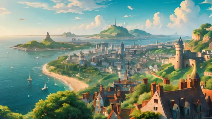 masterpiece,Highest quality,Official Art,Highly detailed CG Unity 8k wallpaper,Outdoor, animal, Ocean，sunlight,Studio Ghibli,Warmth,Laputa,Townscape,Castle in the Sky,Wales