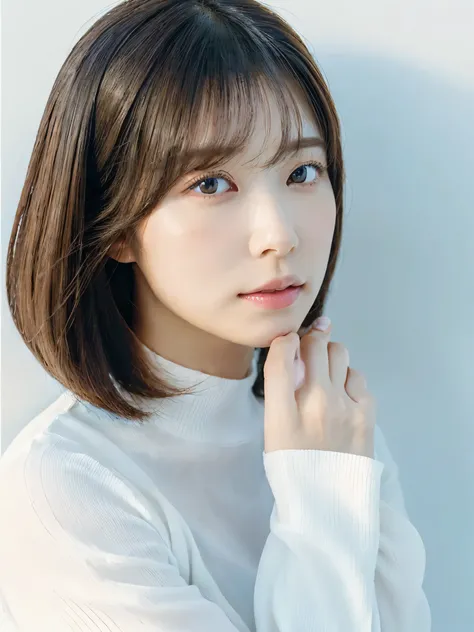 (Ultra-high resolution:1.5)(Very detailed:1.3) (super high quality) (super high quality:1.5) (Realistic photos:1.3) Japanese women、Short hair with bangs、Photographed in front of a white wall、Age 35　((細かくてbeautiful顔:1.3)) ((Realistic skin texture:1.3)) ((Ac...