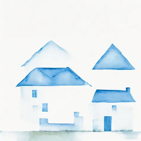 watercolor, minimalism, home with field, solid background with light blue, with phrase "A good home must be made, not bought"