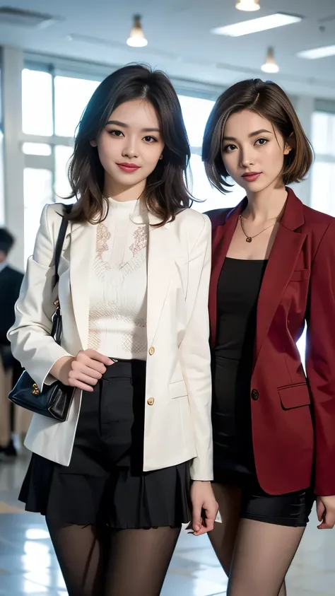 Delicate makeup，Two women standing side by side、Cool Beauty,　Accurately express the fine details of the face and skin texture,(The most beautiful face and eyes), Delicate skin,Looking into the camera、Short Haircut、smile、Jacket、shirt、((Are standing:1.3))、(U...