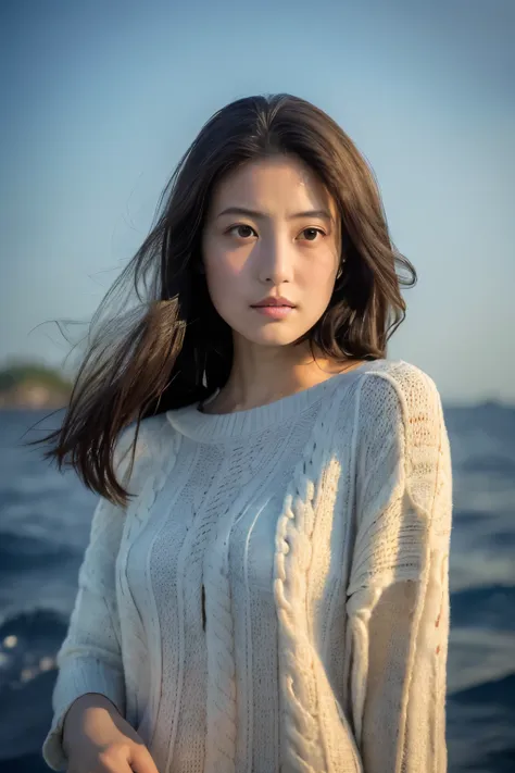 (knitwear), (top-quality, masterpiece:1.3, Super high resolution), (Photorealsitic:1.4, RAW shooting), Ultra-realistic capture, A highly detailed, high-definition 16K for human skin, Wistful, A skinny Japanese woman, 30 years old, cute face, ((Sadness face...