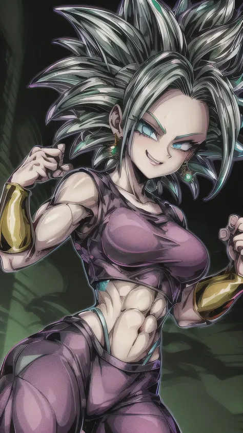 kefla_dragonball, muscular, jewelry, earrings, crop top, smug smirk