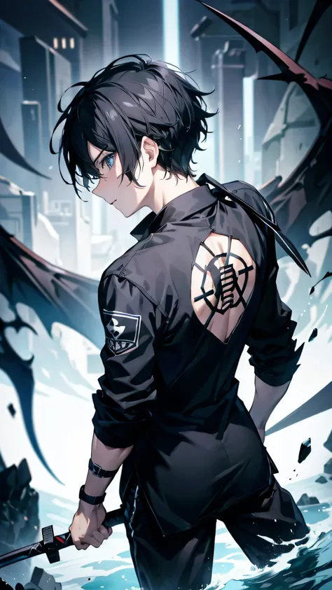 profile background, anime boy, serious face, black hair, grey eyes, black shirt with a kanji in the middle, bathing a black sword in his hand, with a blue dragon behind, high-res portrait, detailed eyes and face, character, fantasy, advanced urban, looking...