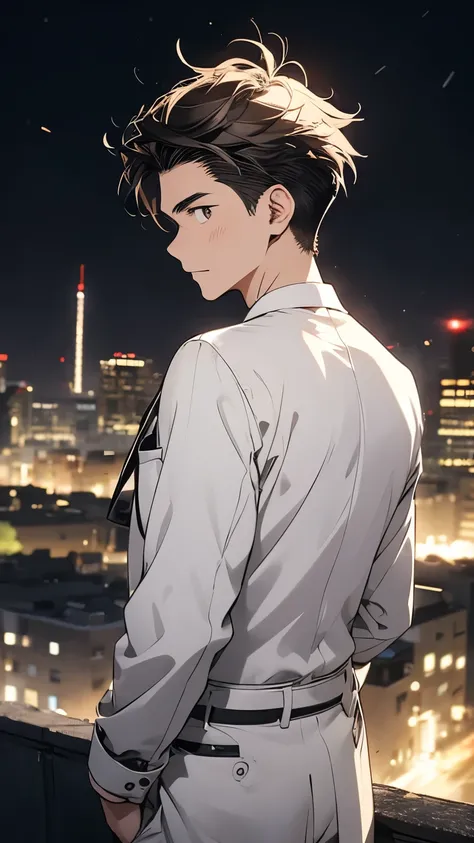 With anime style illustrations A working man appeared, with  brown eyes , Two Block hairstyle, (hair: white color), wearing a all black suit Posing with  back looking out, half body image, city background at night. Look back.