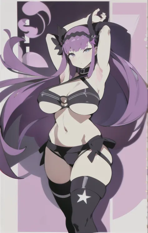 Best Quality, Masterpiece,1 girl,Valkyrie Unit, giant breasts, Valkyrie Unit -mermaid-,Mrs. J., under the chest, armpits, arms behind head, trespass,  panties, high heel, purple hair, wide