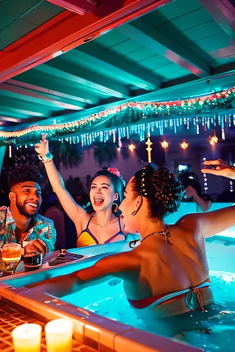 Create an Instagram image for the Unlimited Liberty & Freedom Party with the title Unlimited Liberty & Freedom Party‘ The image should feature a vibrant and lively scene with elements of DJ, dance floor, bar, jacuzzi, and barbecue. The setting should be a ...