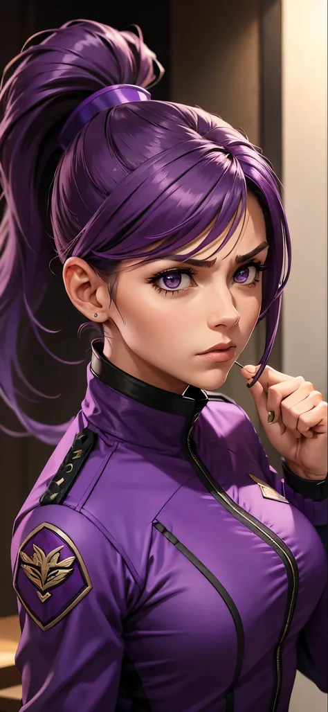 A female commander in a purple outfit with a ponytail is furious on a date