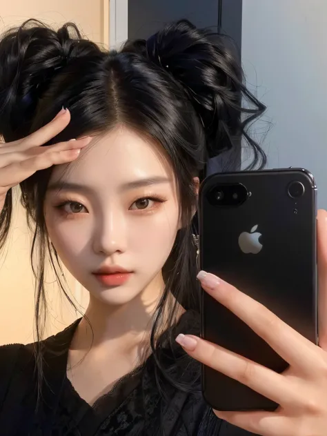 there is a woman taking a selfie with her cell phone, cruel korean goth girl, iphone selfie, selfie of a young woman, xision wu, beautiful south korean woman, janice sung, sui ishida with black hair, 8k selfie photograph, asian features, gorgeous chinese m...