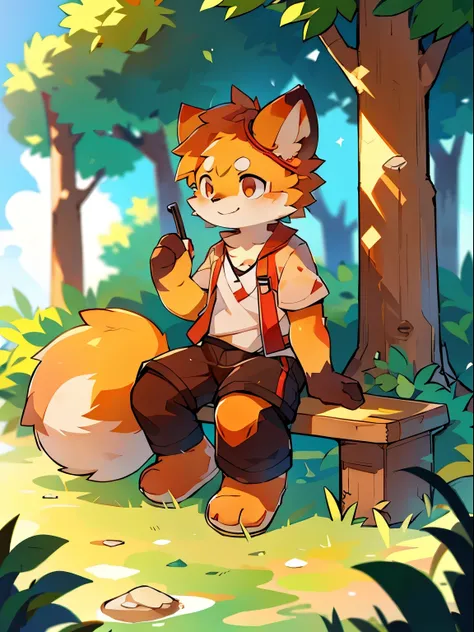 Red Panda Boy，fox boy，
sitting on the bench！high resolution，8K quality，