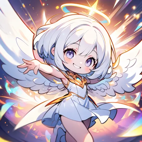 (high quality, 8K, 4K, Deformation, High Contrast, masterpiece:1.2, 最high quality, Best aesthetics), ((White Angel:1.1)), Chibi, Chibiキャラ, A well-balanced and correct appearance, Balanced, (Spreading his white wings:1.4), Long silver hair, White Dress, Pal...