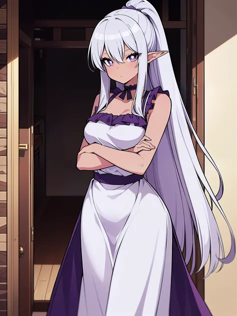 (cowboy shot), (ultra-high resolution, depth of field:1.2), (dark skin), 1woman, mature, plump, (silver hair), long straight hair, ponytail, (purple eyes), elf ears, (medium breasts), (wide hips:1.2), (sundress), (long sundress:1.1), long dress, frills, ch...