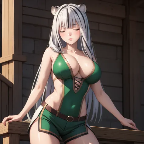 Atlas Fayon woman 40 years, white hair with black stripes ,white tiger ears, closed eyes, mujer ciega con closed eyes, explorer costume, green low cut leather tops, green leather shorts,  , big breasts,, background of a fantasy chinese castle.